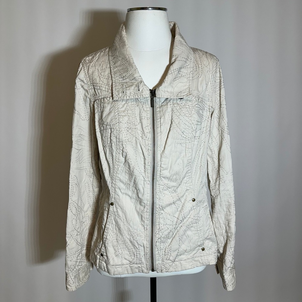 Coldwater Creek Womens Beige Embroidered Zip Roll Tab Sleeve Shaped Jacket Sz 8